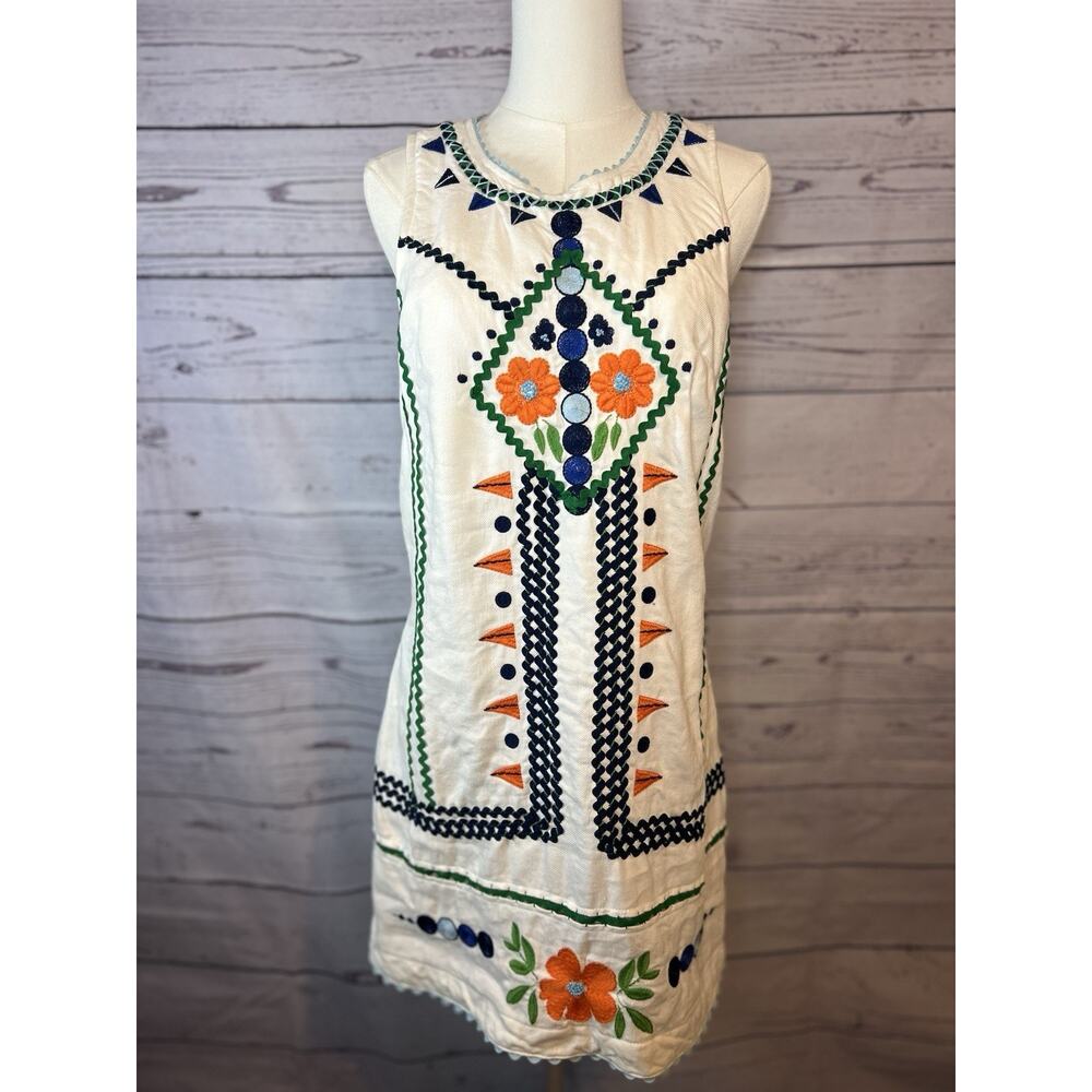 Anthropologie Linen Shift Dress Size 4 Embroidered Geometric Floral Sleeveless